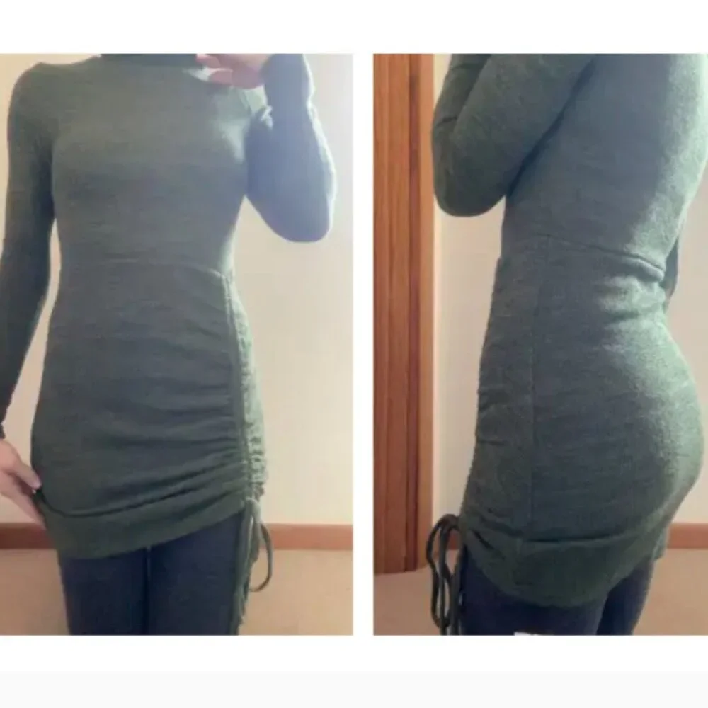 Solid Ruched Drawstring Knitted Mini Dress - Picture 6 of 7